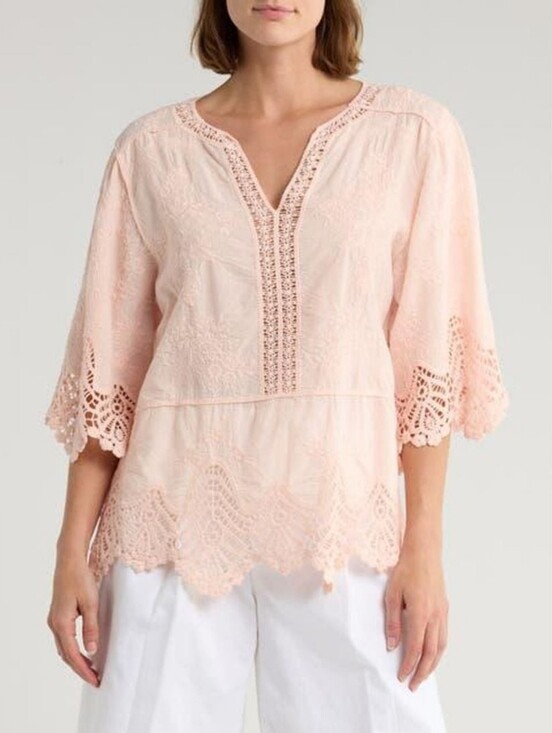 Democracy Tops - Democracy Crochet Cotton Peplum Top PALE PEACH, Size Medium